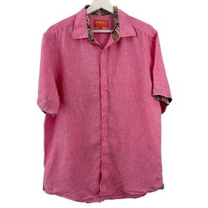 Inserch Men’s 100% Linen Pink Short Sleeve Button Down Shirt Size L